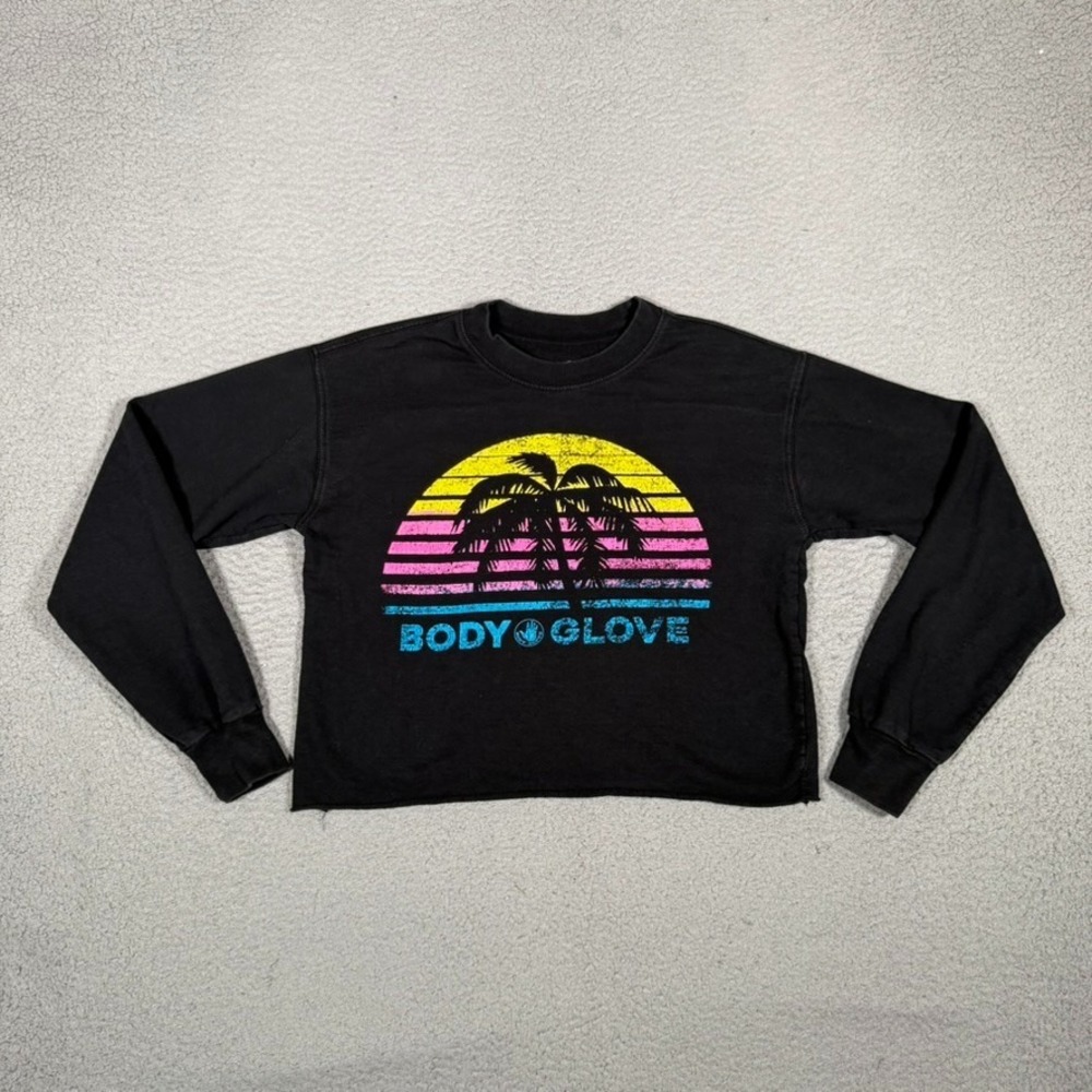 Body Glove Shirt Womens Small Black Crop Top Long Sleeve 100% Cotton Graphic Tee